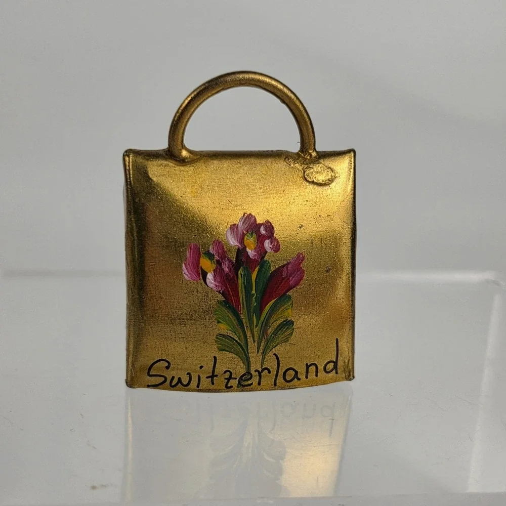 Vintage Switzerland Souvenir Bell Hand Painted Bag Shape Metal